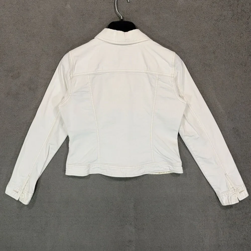 SO Women L White Denim Trucker Jacket Jean Crop Aesthetic Y2K Minimalist Chic - Picture 6 of 11